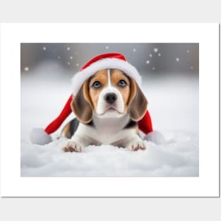 Adorable beagle puppy in the snow Posters and Art